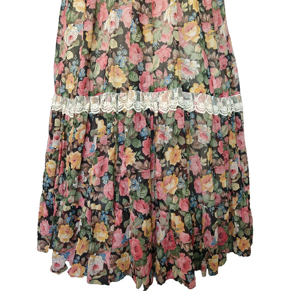 Gunne Sax Black Floral Corset Maxi Dress Size 13 Vintage 70s Prairie Roses Lace - Picture 6 of 15